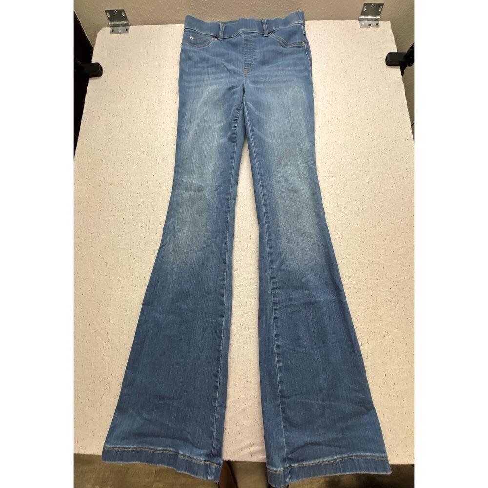 Spanx Flare Jeans Womens M Long Blue Wash Denim Pull On High Rise Stretch 36’ T - Picture 2 of 7